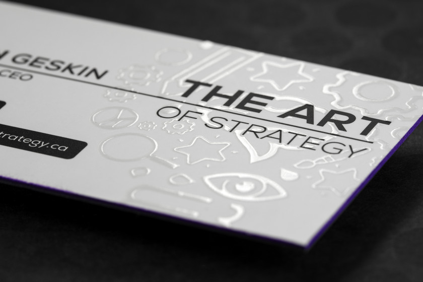 32pt Painted Edge Suede Laminated Business Cards with Embossing and Spot UV and Purple Colored Edges