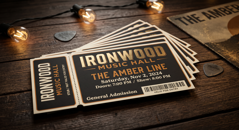 Die cut ticket-shaped flyer for Ironwood Music Hall's 'The Amber Line,' printed on black stock with a perforated stub, fanned out on a rustic wood table with warm string lights — custom die cut flyer example
