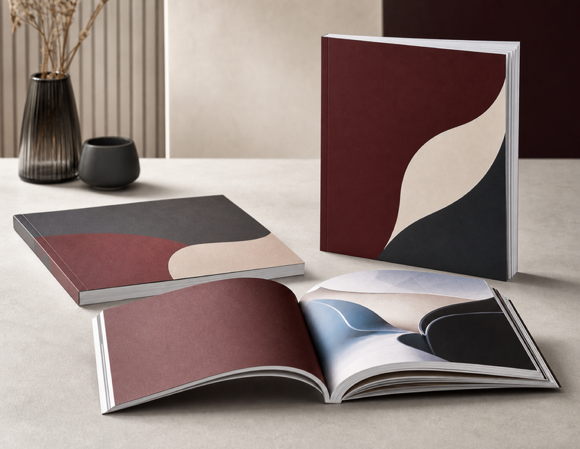 Custom perfect bound catalog printing with full-color gloss interior pages and durable book-style binding from printshaQ.