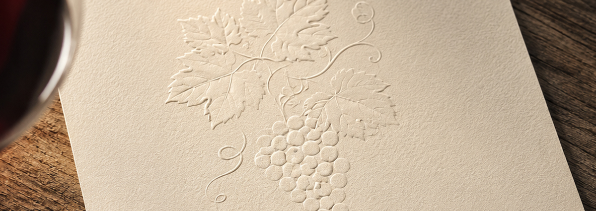 A cream-colored flyer or card featuring a blind embossed floral/botanical pattern, the raised design pressed directly into the natural stock for a tactile, understated finish.
