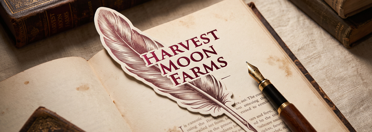 Die Cut Bookmarks – Custom Feather Shape A quill-shaped die cut bookmark for Harvest Moon Farms, pairing a vintage script logo with a hand-cut feather silhouette. Ideal for boutique stationery, book pairings, or branded keepsakes that go beyond a standard rectangle.