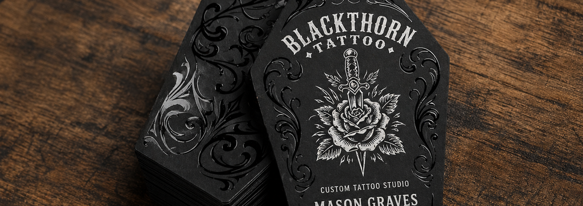 Die Cut Business Cards with Spot UV A shield-shaped die cut business card for Blackthorn Tattoo, finished with a glossy spot UV rose emblem on matte black stock. Combines a custom silhouette with raised-ink detail for a card that stands out in any stack.
