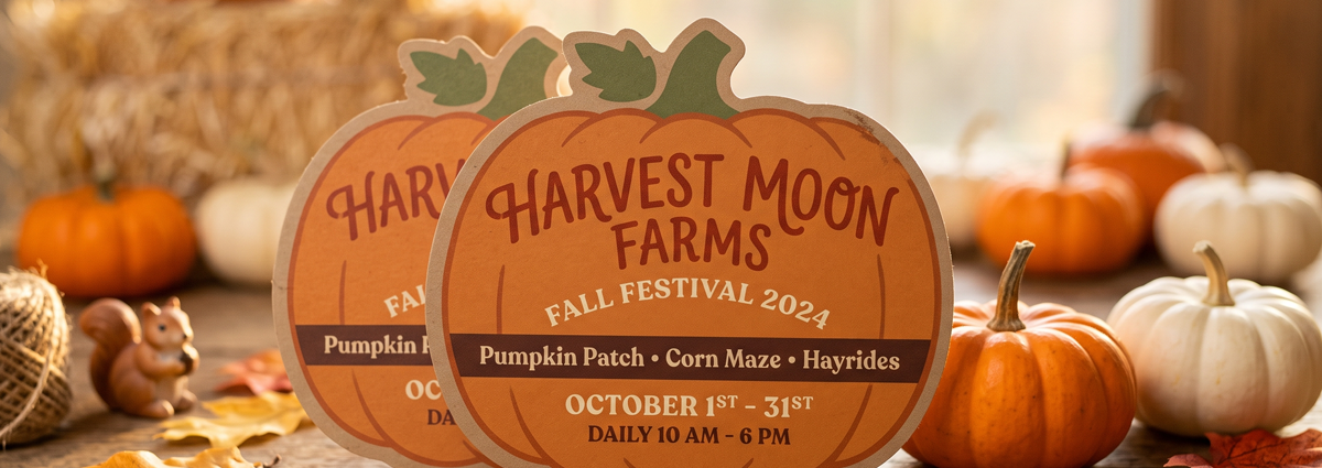 Die Cut Event Cards – Custom Pumpkin Shape Pumpkin-shaped die cut cards for Harvest Moon Farms' fall festival, cut to match the seasonal branding so the shape itself does the marketing. Great for seasonal promos, gift tags, or table cards.