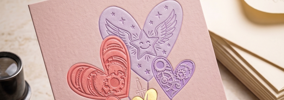 A greeting card with a colorful embossed heart design (appears to include painted or tinted color rather than blind/colorless embossing), giving it a more decorative, layered look than the other three pieces.