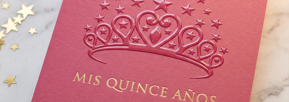 Spot UV Quinceañera Invitations – Gold Tiara Coral cardstock with a raised spot UV tiara and gold foil "Mis Quince Años" lettering. A regal, photo-ready design for quinceañera invitations that catches light and texture in equal measure.