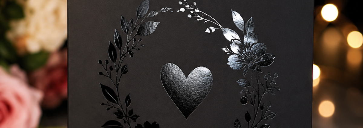 Spot UV Wedding Invitations – Silver Wreath & Heart Matte black cardstock with a glossy spot UV floral wreath and heart centerpiece in silver foil. A dramatic, high-contrast invitation suite for modern weddings and black-tie events.