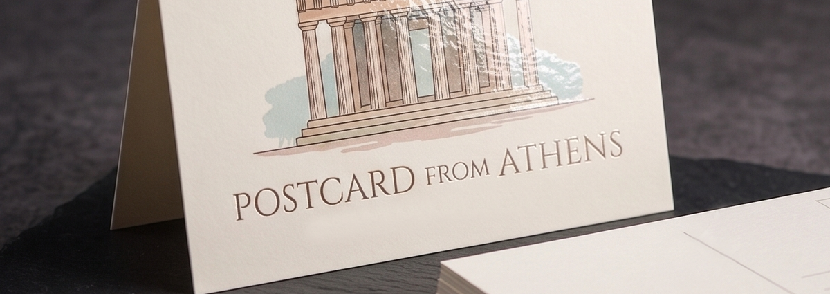 Spot UV Travel-Themed Place Cards – Postcard from Athens Cream tented place cards with a hand-illustrated Athens skyline in soft spot UV gloss. Ideal for destination weddings, travel-themed events, or escort cards with a storybook feel.
