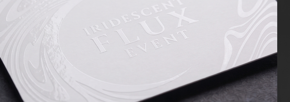 Spot UV Event Cards – Iridescent Flux White cardstock with a glossy spot UV swirl pattern and embossed "Iridescent Flux Event" type. A subtle, tone-on-tone design built for corporate galas, product launches, and upscale event branding.