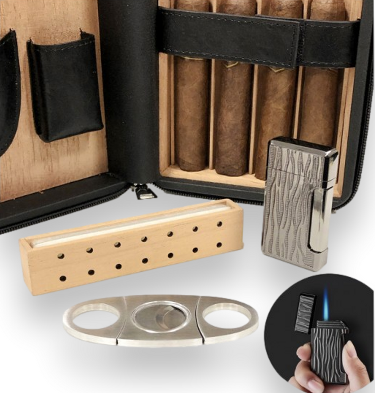 Prestige Manhattan Leather 4-Finger Travel Cigar Cases - with on Board  Accessories