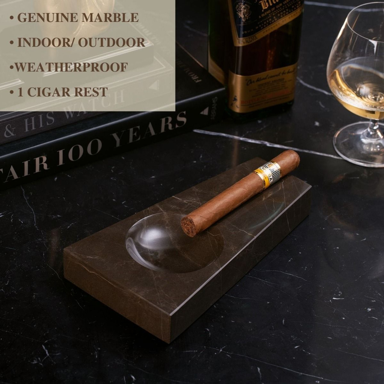 Bey-Berk Square Marble Cigar Ashtray, Black