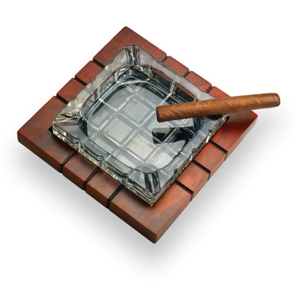 Prestige Cross Hatch Crystal and Wood 4-Cigar Ashtray  - Exterior Top with Cigar