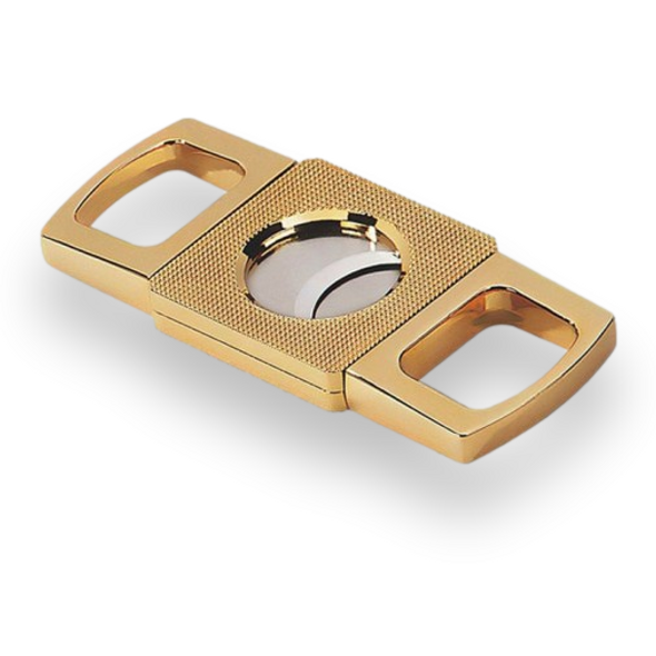 Prestige leptaná gilotínová rezačka na cigary s dvojitou čepeľou - zlatá - vonkajšia predná strana