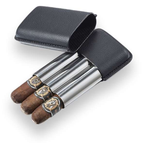 Étui à cigares Visol Vincent en cuir et métal à 3 doigts - Extérieur devant ouvert