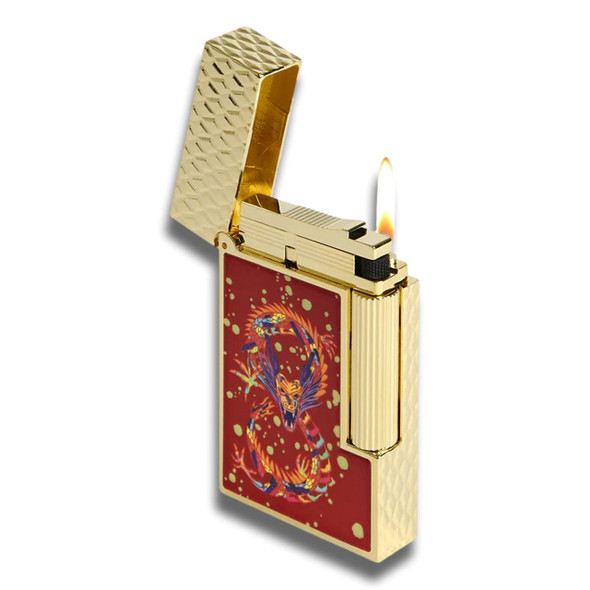 ST Dupont Line 2 Soft Flame Cigar Lighter - Perfect Ping Series - ปีแห่งมังกร - เบอร์กันดีและทอง - เปลวไฟ