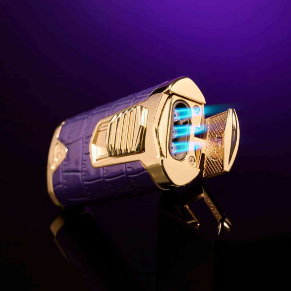 Rocky Patel Statesman Torch Flame Triple Jet Cigar Lighter - Gold & Purple Leather - Flame