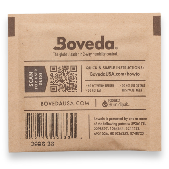 Packs Boveda 58% d'humidité - Carton de 300 unités, petit 8g - face arrière extérieure