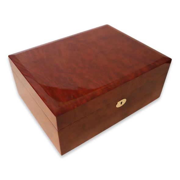 Humidor Daniel Marshall 20165 Edición limitada para 125 cigarros con bandeja - Madera de nudosa oscura - Vista exterior