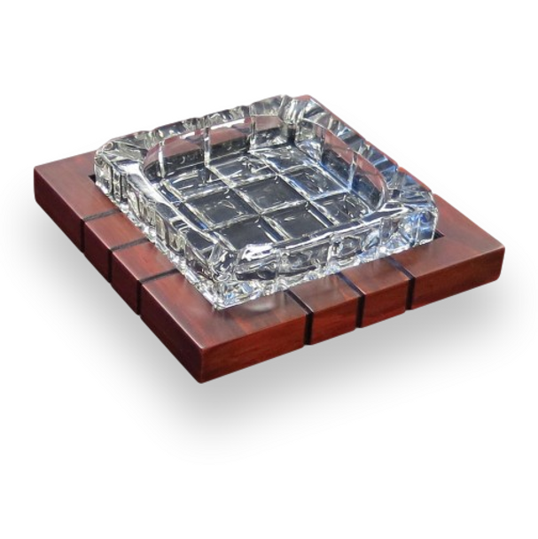 Prestige Cross Hatch Crystal and Wood 4-Cigar Ashtray  - Exterior Front