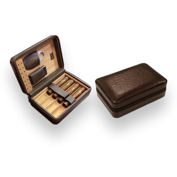 Prestige Manhattan Leather 4-Finger Travel Cigar Case - with on Board Accessories - Brown - Exterior Interior Front