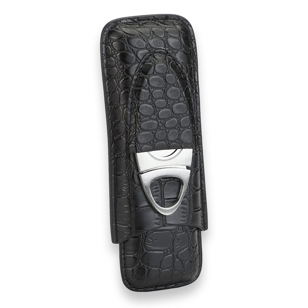 Cross Peak Black Leather 2-Finger Cigar Case with Cutter  - Exterior Front