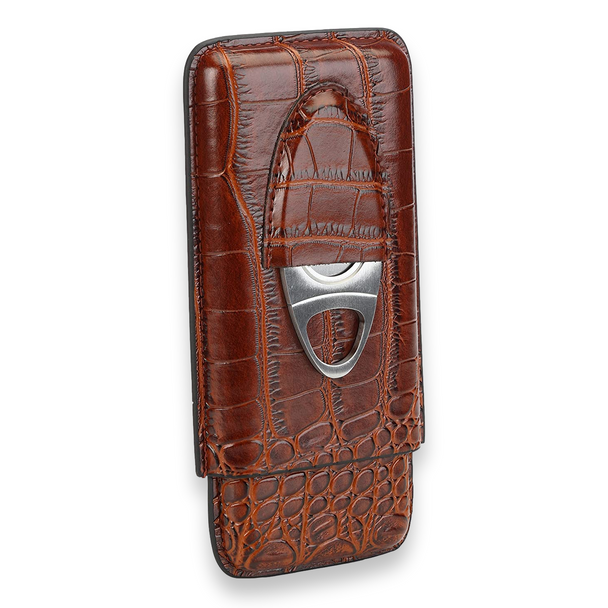 Cross Peak Brown Leather 3-Finger Cigar Case with Cutter  - Exterior Front