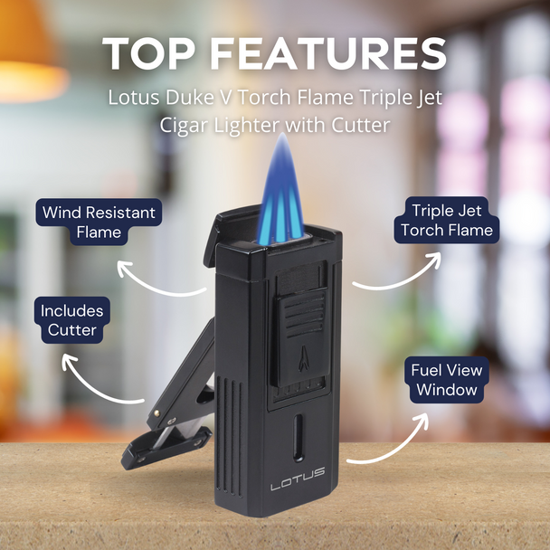 Lotus Duke V Torch Flame Triple Jet Cigar Lighter with Cutter - Black - Top Features