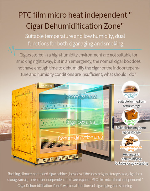 Raching MON800A Climate Control Gold Burl 600-Cigar Electric Humidor Specifications