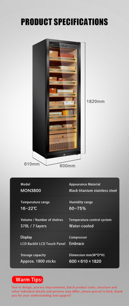 Spezifikationen für den elektrischen Humidor Raching Mon3800A mit Klimaregelung aus schwarzem Titan und Edelstahl für 1.800 Zigarren