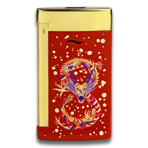 S.T. Dupont Slim 7 Torch Flame Single Jet Cigar Lighter - Year Of The Dragon Series - Burgundy and Gold - Front