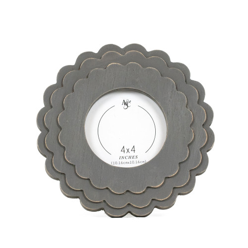 8x8x1 wood scallop photo frame (ROUND) gy (4x4)