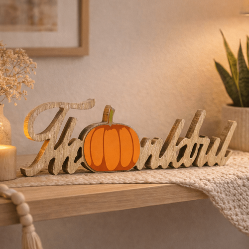 A cozy modern home decor scene featuring a wooden “Thankful” tabletop sign with a pumpkin accent, styled on a light wood shelf with warm ambient lighting. The display includes soft neutral textures, a woven throw, a ceramic vase with dried florals, a glowing candle, and a potted plant, creating an inviting autumn-inspired atmosphere. Perfect for seasonal decorating, farmhouse interiors, and fall home styling.