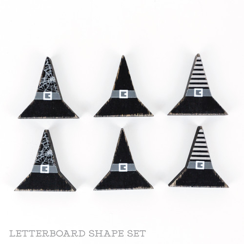 1.5" X 1.75"X .25" Wood Shape Set of 6 (Witch Hats) Black/Gray/White