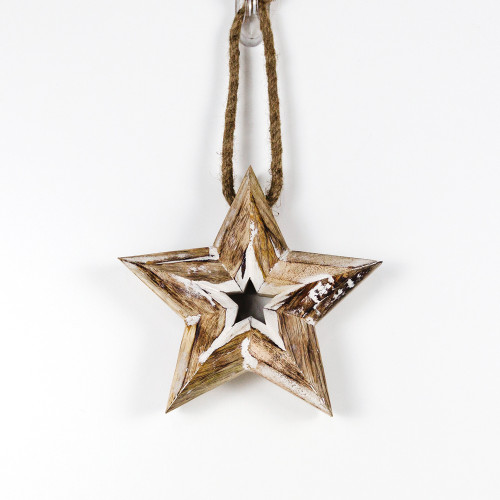8" X 8" X 1.75" Mango Wood Hanging Star, White