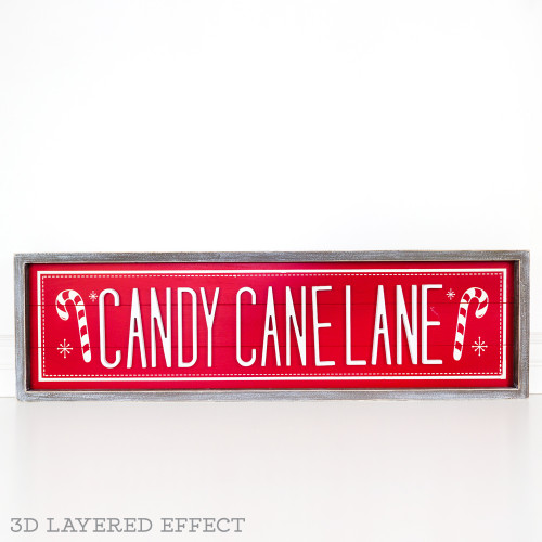 36" X 10" X 1.5" Wood Framed Sign (Candy Cane Lane) Red/White