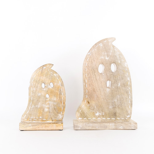 6.5" X 9.5" X 2", 9" X 13" X 2.5" Mango Wood Cutout On Stand Set Of Two (Ghosts) Natural/White