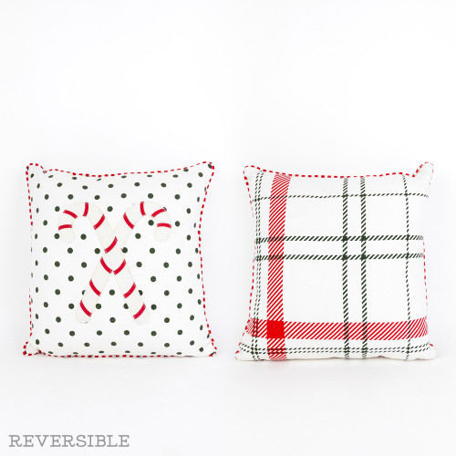 14" X 14" Reversible Checkered/Polka Dot Pillow (Candy Cane) White/Red/Green