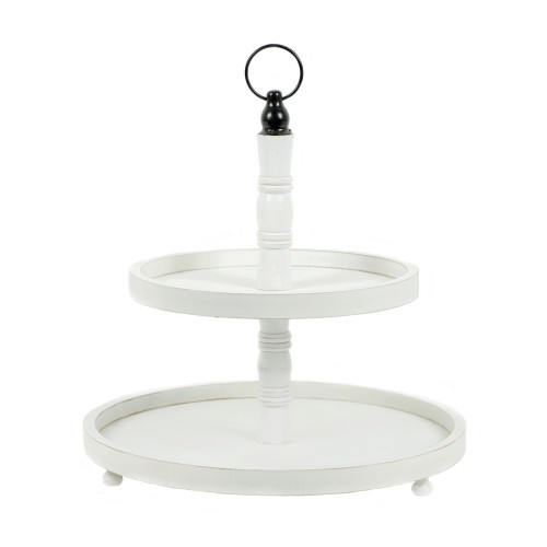 15.5" X 18" X 15.5" Two Tiered Wood Tray, White/Black