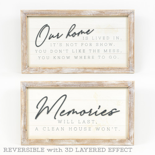 25" X 14" X 2" Reversible Wood Framed Sign (Memories/Our Home) White/Gray/Tan