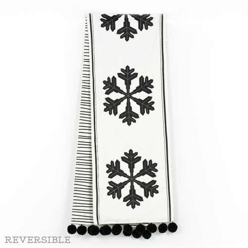 74x14 linen rvsbl tbl runner (STRP/SNWFLKS) wh/bk