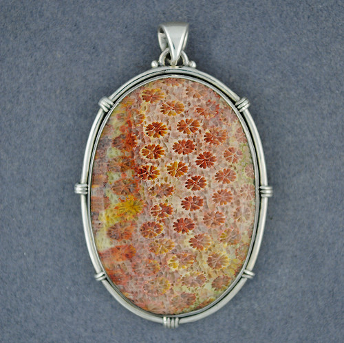 Sterling Silver Fossilized Coral Large Oval Pendant
