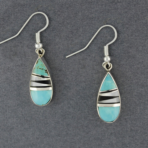 Sterling Silver Inlay Onyx, Turquoise And Mother Of Pearl Earrings