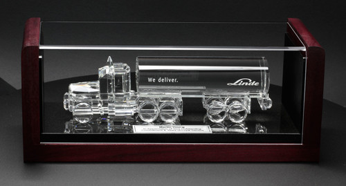 Large Solid wood trophy case with full dimensional crystal tanker truck as a  recognition award for trucking companies