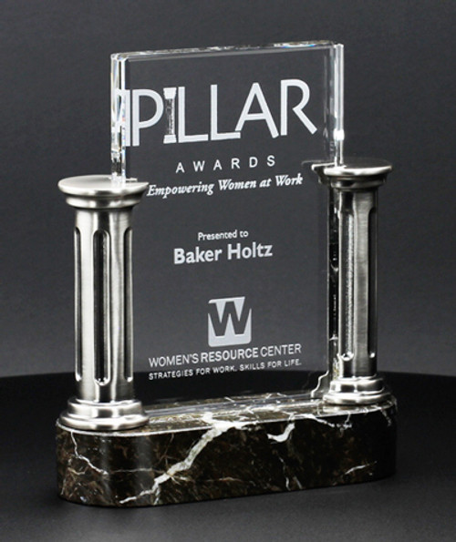 Pillar award Etched crystal panel encased by metal pillars on a marble base N9