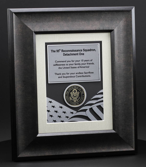 US Military Framed Plaque award engraved with Flag and medal side view 12x14