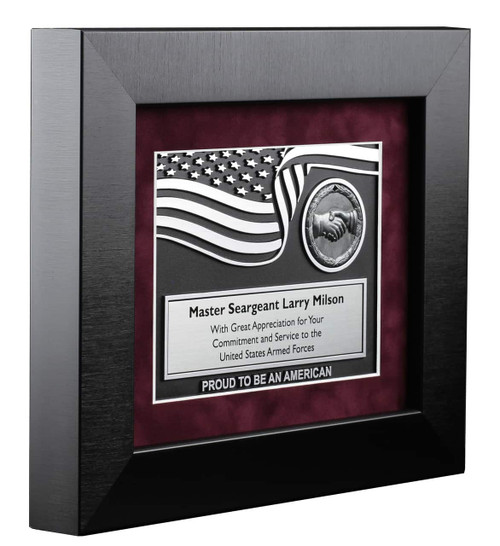 Military Plaque award in a Black satin Frame with hands shaking medallion Personalized with your message  12x14