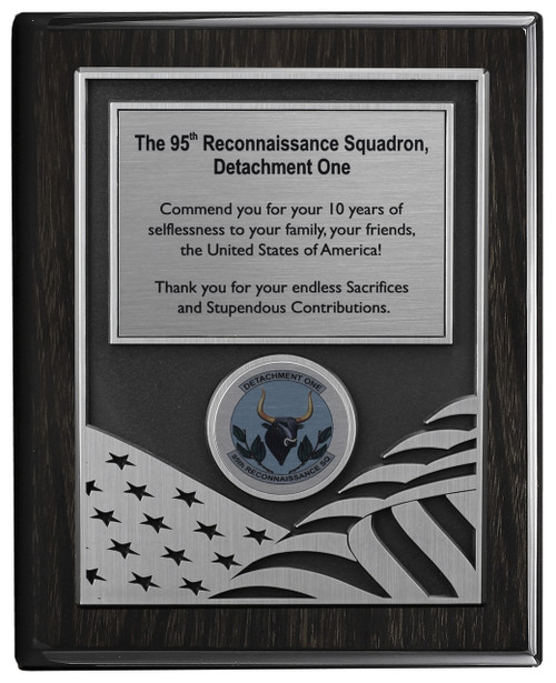 8x10 Military Plaque with US Flag 3D design on Walnut Piano Wood Engraved with your message