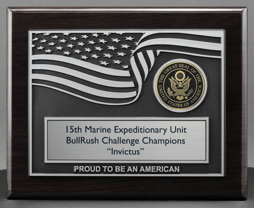 US Flag 3D Military Plaque Award Engraved on dark Piano Wood plaque