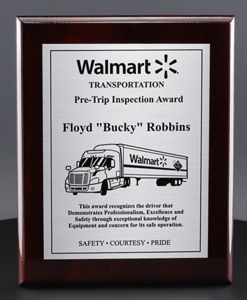 Deep gloss plaque award with brushed metal plate printed as a recognition award for walmart employee