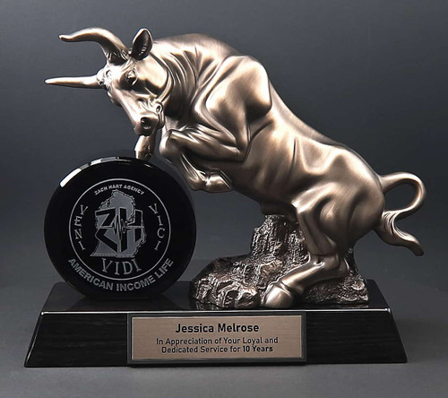 Bronze Bull award charging over the thick round crystal personalized with your logo and text to recognize employees