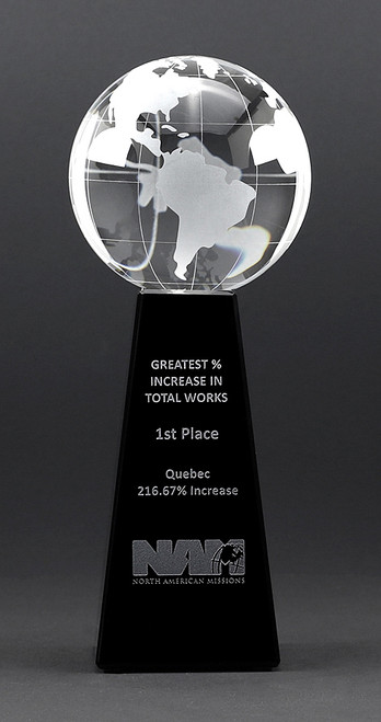 Large solid crystal globe atop the trapezium shaped black crystal riser etched with your message of recogntion Large solid crystal globe atop the trapezium shaped black crystal riser etched with your message of recogntion